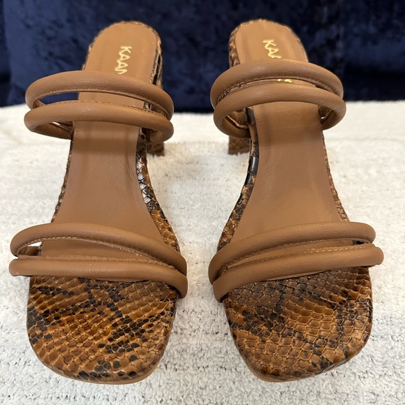 Kaanas Tan Snake Print Heeled Sandals - Picture 3 of 13